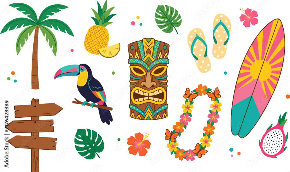 Fototapeta premium Tropical Tiki Party Vector Set with Wooden Tribal Mask Toucan Surfboard Palm Tree and Hawaiian Luau Celebration Elements