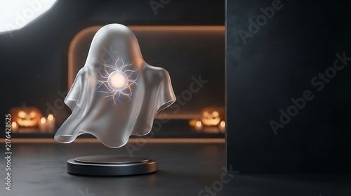 Transparent glass ghost sculpture with glowing energy core sphere