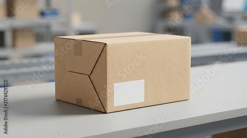 Cardboard shipping box with blank label on logistics table