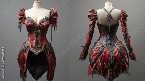 Red and black gothic corset dress on mannequin, front and back view of fantasy costume