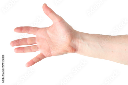 Foto open human hand with splayed fingers, empty palm gesture, isolated on transparen