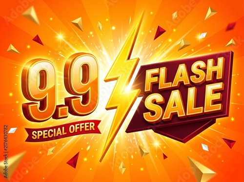 9.9 flash sale banner with bright lightning bolt symbol and big bold golden numbers for special shopping offer promotion on vibrant orange background