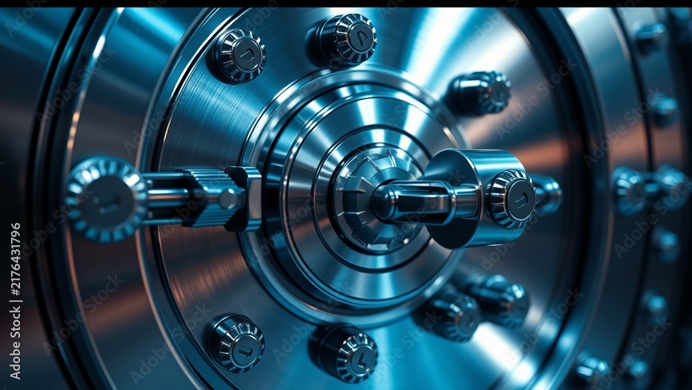 Fototapeta premium Heavy Steel Vault Lock Mechanism Background for Cybersecurity Financial Protection and Data Safety Concepts