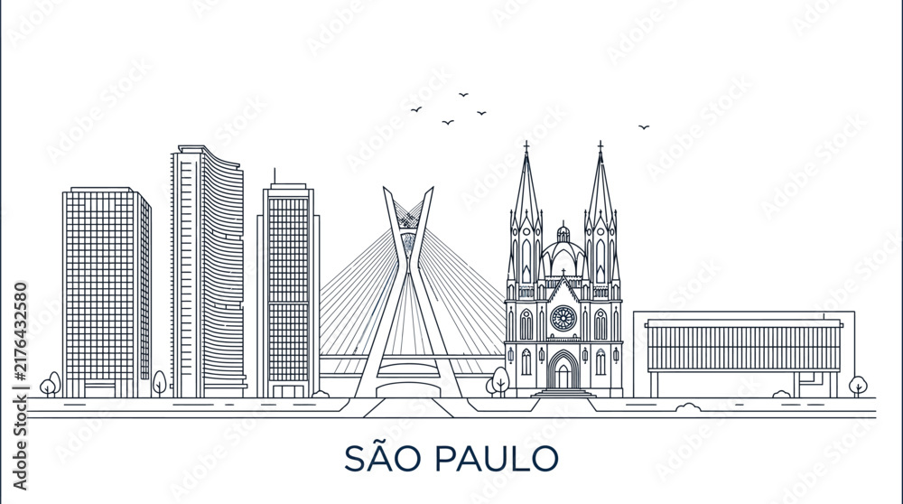 Obraz premium Sao Paulo city skyline artistic vector illustration featuring tall skyscrapers and a historic gothic cathedral building