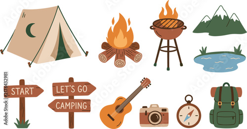 Camping and Outdoor Adventure Vector Set featuring Tent, Campfire, Grill, Mountains, Wooden Wooden Signs, Acoustic Guitar, Camera, Compass, and Backpack