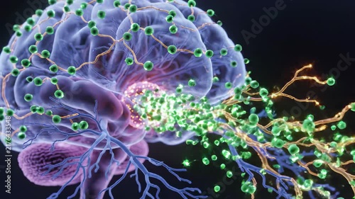  Medical animation of dopamine neurotransmitter release traveling through human brain neural pathways, zoom out