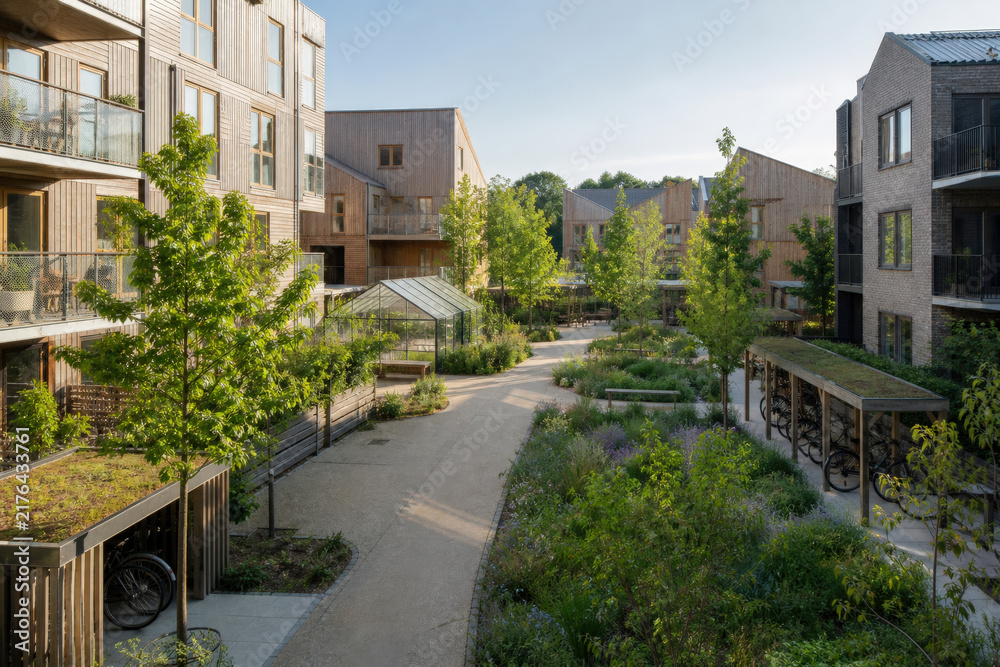 Obraz premium Car Free Residential Courtyard with Green Pedestrian Street
