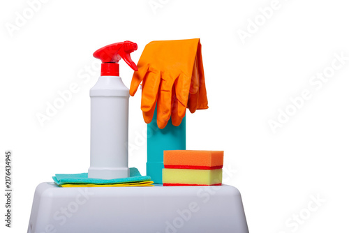 Cuadro en lienzo Accessories for cleaning from stains of poisonous bacteria mold closeup isolated on white background with copy space for text