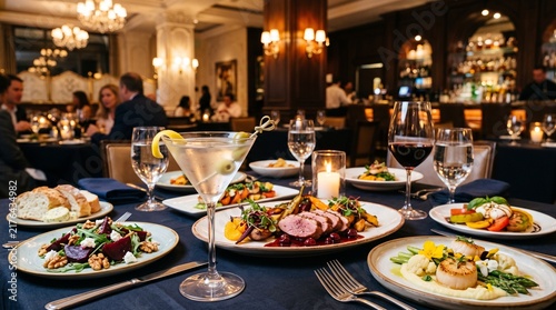 Elegant fine dining table with gourmet dishes and cocktails in a luxury restaurant setting