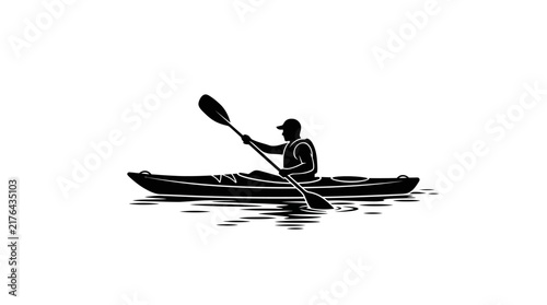 Silhouette of Kayaker Paddling on Water