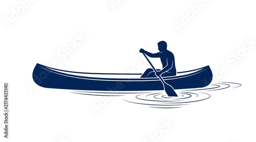 Silhouette of Man Canoeing Solo on Rippling Water - Minimalist Illustration