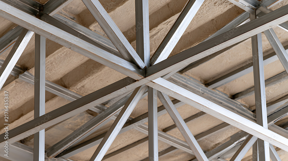 Naklejka premium Low angle view of modern metal frame structure interior during building construction work project showing steel beam assembly and support