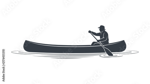 Silhouette of man paddling canoe on water, outdoor recreation symbol