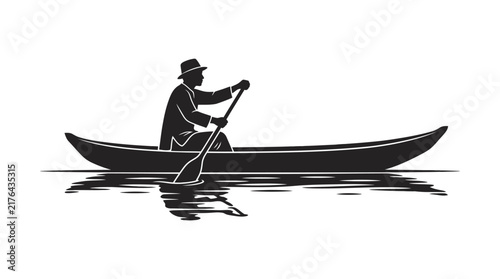 Silhouette of Man Rowing Canoe on Reflective Water, Isolated Black and White