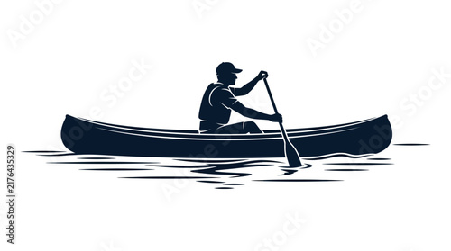 Silhouette of man paddling canoe on water, outdoor recreation, water sport, travel concept.