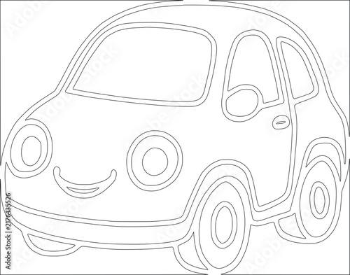 Cartoon Car Outline: A simple, friendly cartoon car depicted in black and white outline, ready to be colored or used as a graphic element.