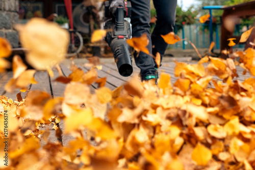Close up of leaf blower clearing dry autumn leaves during seasonal yard maintenance