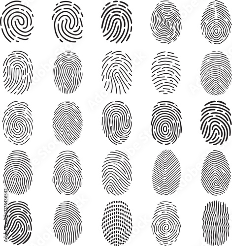 Set of fingerprint icons, collection of different human finger prints, biometric identification, security and identity concept, vector illustration