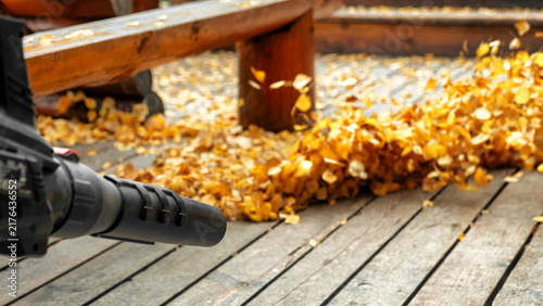 Leaf blower clearing fallen autumn leaves from wooden terrace during outdoor maintenance