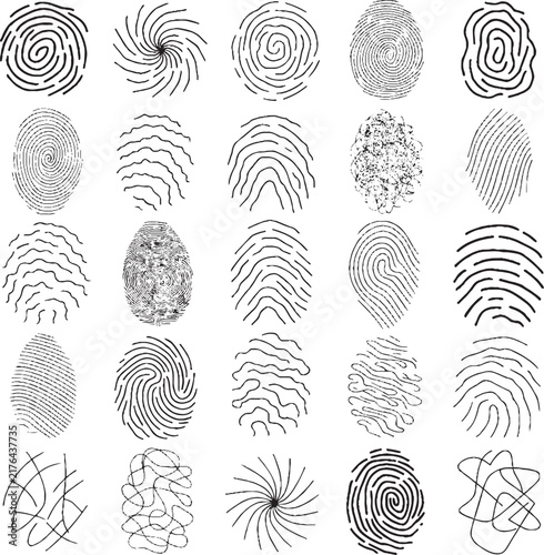 Set of fingerprint icons, collection of different human finger prints, biometric identification, security and identity concept, vector illustration