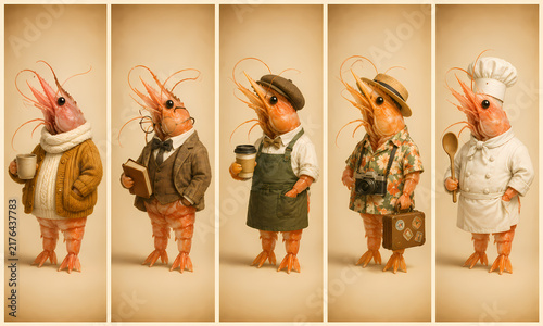 Funny Anthropomorphic Shrimp Characters Collection in Different Professions