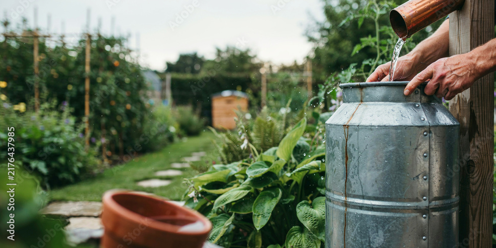 Obraz premium Rainwater flowing from copper downspout into metal harvesting barrel in lush garden