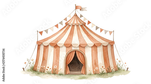 Watercolor illustration of a vintage circus tent with bunting flags isolated on transparent background