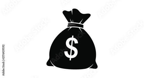 A black silhouette of a money bag with a dollar sign is displayed on a white background silhouette