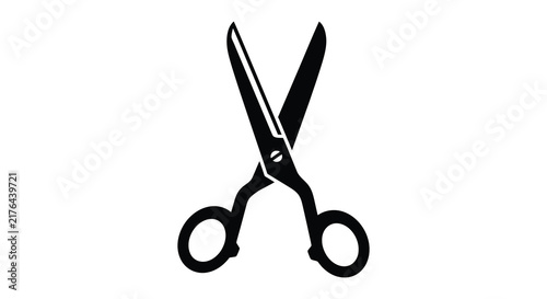 A pair of open scissors is depicted as a black silhouette shears