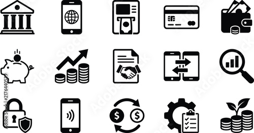A comprehensive collection of black line icons representing various concepts of modern finance and banking for business applications