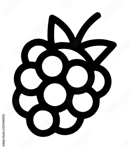 Hand-traced vector icon illustration of a ripe blackberry with clustered round drupelets and pointed leaves, outlined in bold black strokes on a white background for clean design use