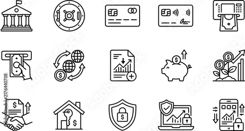A collection of hand drawn doodle icons representing various concepts related to modern finance and banking industry services