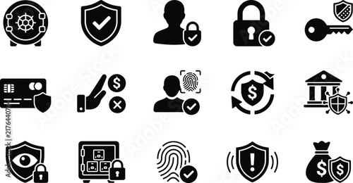 Set of black flat icons representing security and protection concepts for modern finance and banking industry services