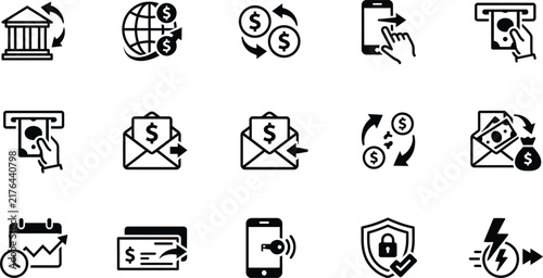 Set of black and white line icons representing various concepts related to modern finance and banking industry services