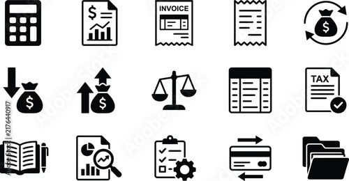Set of black and white flat icons representing various concepts related to finance and banking business operations