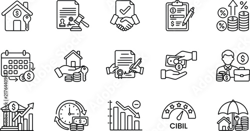 Set of thin line icons representing various concepts related to modern finance and banking for business applications