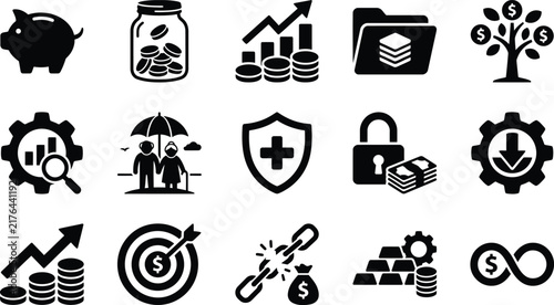 Set of black icons representing various concepts related to professional finance and banking services and wealth management