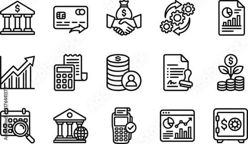 A collection of thin line icons representing various concepts related to modern finance and banking industry services