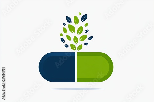 Minimalist botanical medicine illustration featuring an open capsule split into navy blue and green halves with stylized leaves and seeds emerging from the center