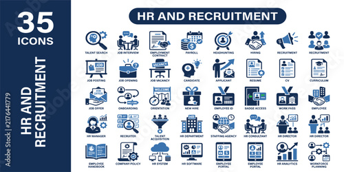 Hr and recruitment icon set. Containing talent search, job interview, employment contract, payroll, headhunting, work from home, hiring and more. Solid vector icons collection.