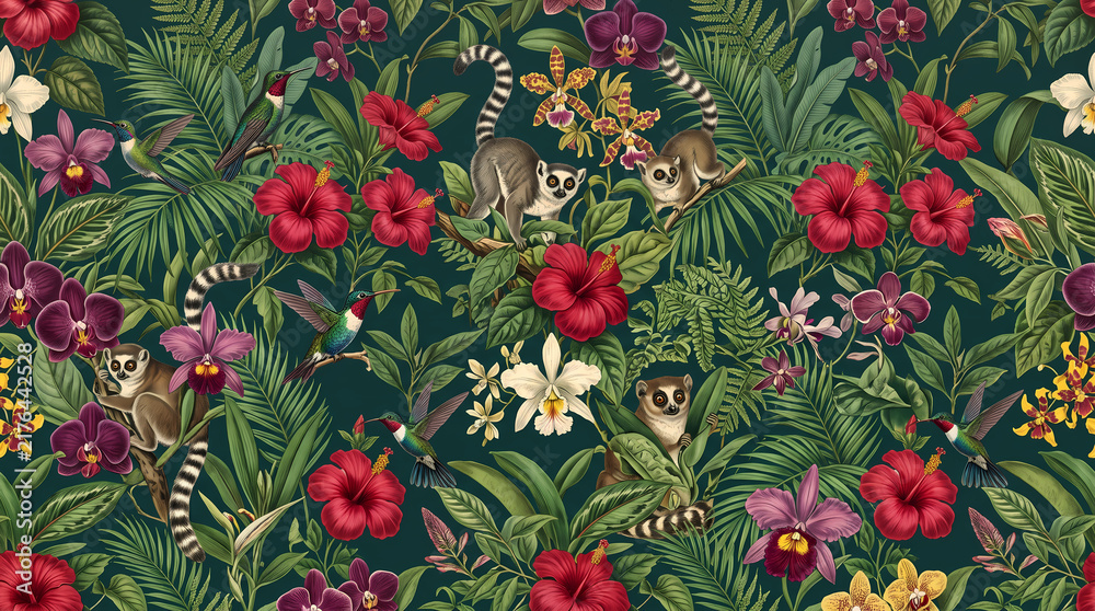 Obraz premium Seamless tropical jungle pattern with lemurs, hummingbirds, hibiscus flowers, and orchids on dark green background.
