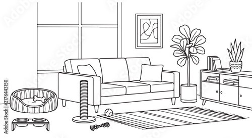 Minimal living room line art featuring a sofa, dog bed, pet toys, rug, plants, books and TV cabinet. Ideal for interior design, home decor, architecture, coloring books and illustrations