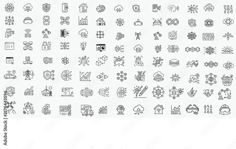 Fototapeta premium Technology Icons Set Linear Style Outline Vector Illustration on White Background