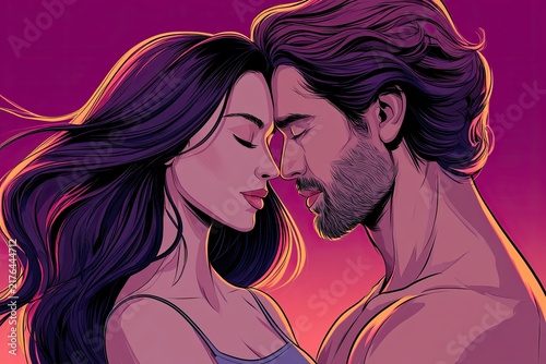Romantic illustration of an attractive couple with foreheads touching, eyes closed, and flowing hair against a vibrant gradient background, capturing an intimate moment