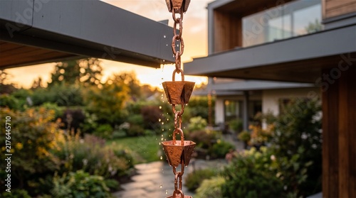 Copper Rain Chain Dripping Water in Backyard Sunset