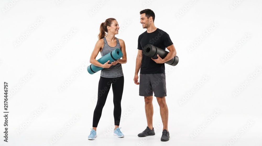Obraz premium Fit couple smiling and holding yoga mats ready for workout session