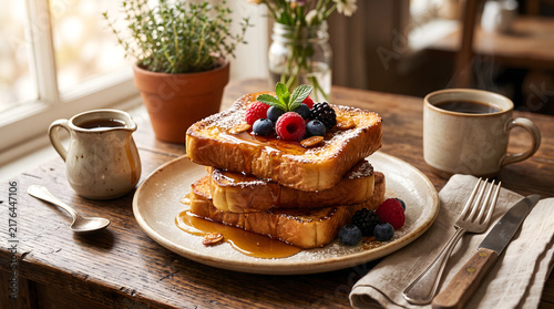 Delicious French toast breakfast with berries and maple syrup