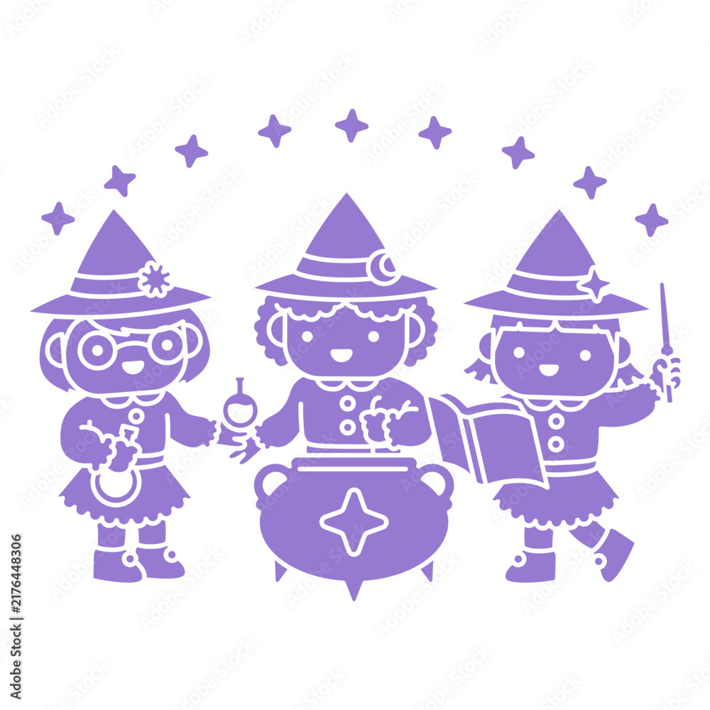 Fototapeta premium Cute witches group cooking magic spell