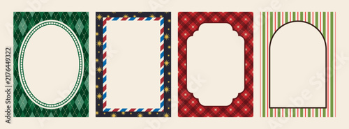 Cute Christmas frame and border set with bows, plaid, ribbons and wavy scalloped shapes. Whimsical coquette design in festive colors, perfect for holiday cards, invitations, prints, backgrounds