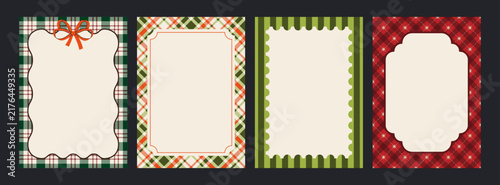 Cute Christmas frame and border set with bows, plaid, ribbons and wavy scalloped shapes. Whimsical coquette design in festive colors, perfect for holiday cards, invitations, prints, backgrounds